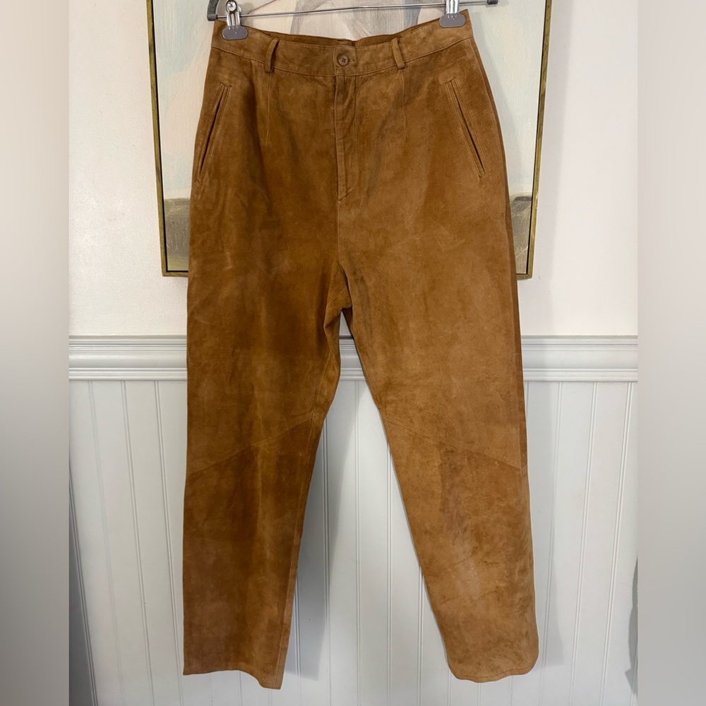 SAKS FIFTH AVE The Works Vintage 100% Leather Suede Brown Pants Size 14